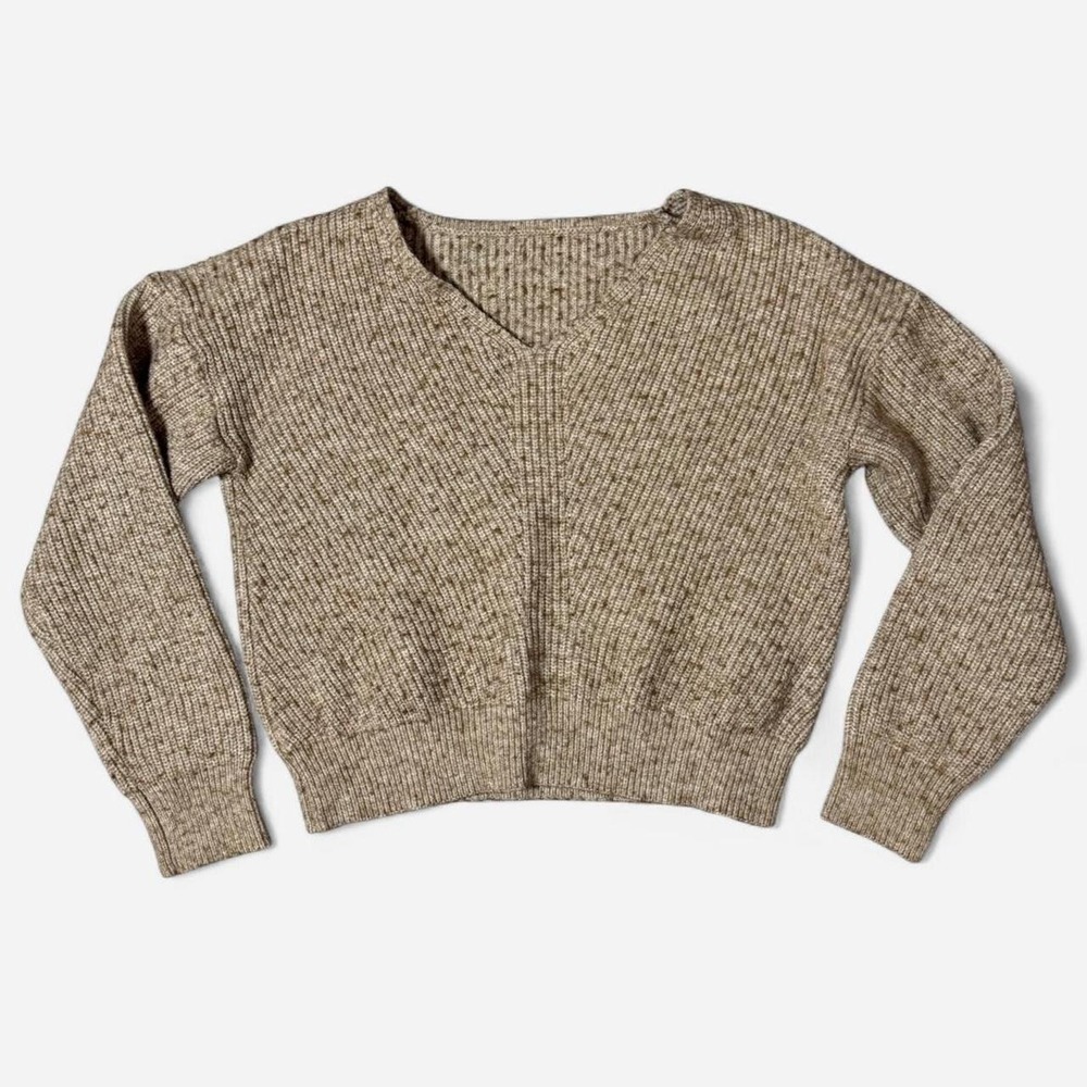 Shein Tan Cropped Relaxed Fit V-Neck Ribbed Knit Fall Sweater Small